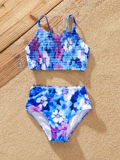 Toddler Girl Flora Smocking Strap two-piece Swimsuit Purple