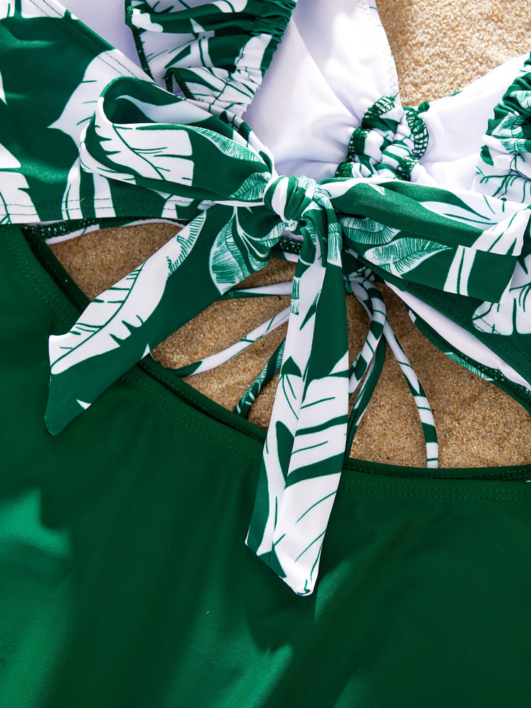 Family Matching Tropical Floral Swim Trunks and One-piece Swimsuit Dark Green