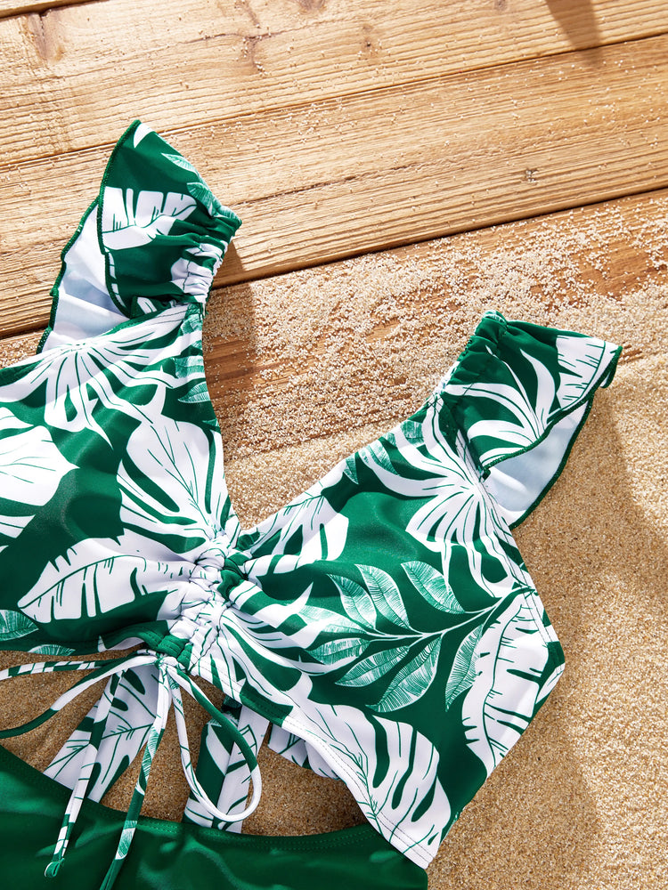 Family Matching Tropical Floral Swim Trunks and One-piece Swimsuit Dark Green