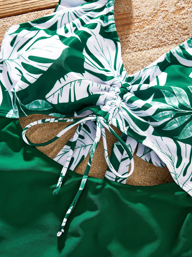 Family Matching Tropical Floral Swim Trunks and One-piece Swimsuit Dark Green