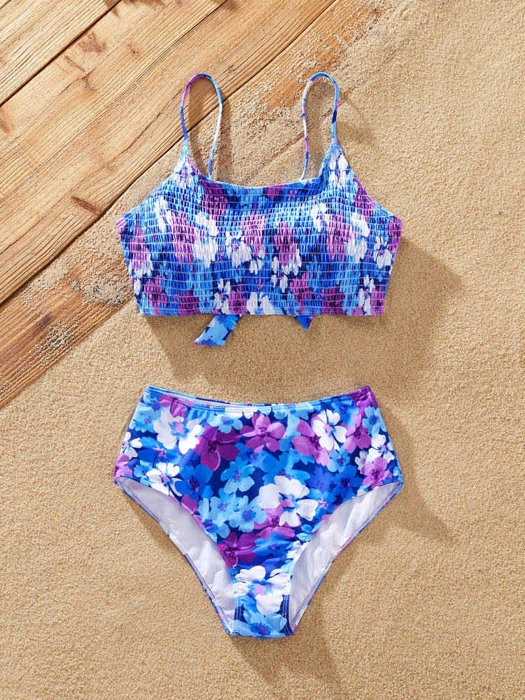 Family Matching Flora Swim Trunks or Smocking Strap two-piece Swimsuit Purple