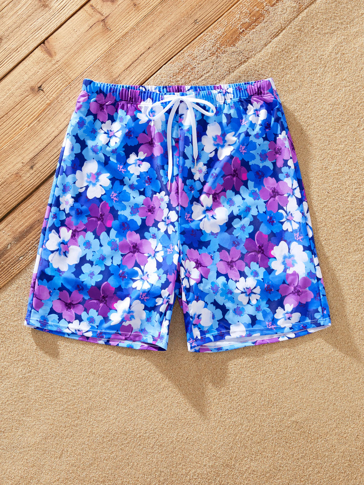 Family Matching Flora Swim Trunks or Smocking Strap two-piece Swimsuit Purple