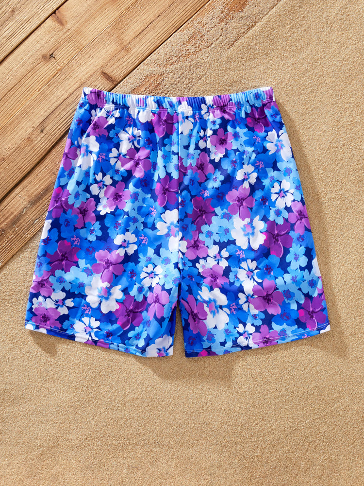 Family Matching Flora Swim Trunks or Smocking Strap two-piece Swimsuit Purple