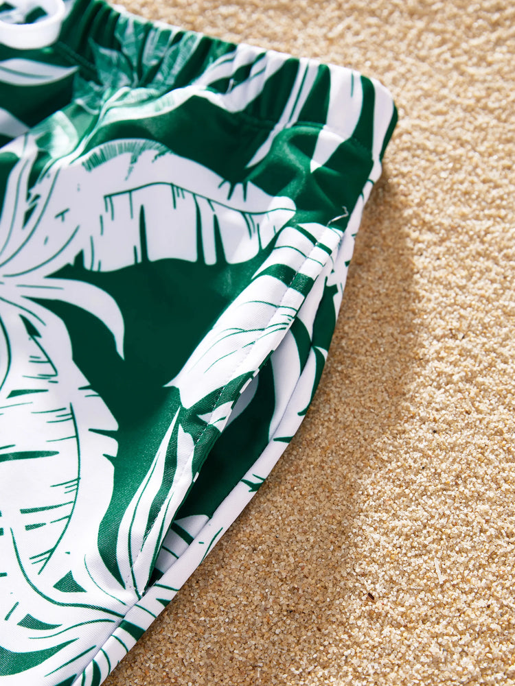 Family Matching Tropical Floral Swim Trunks and One-piece Swimsuit Dark Green