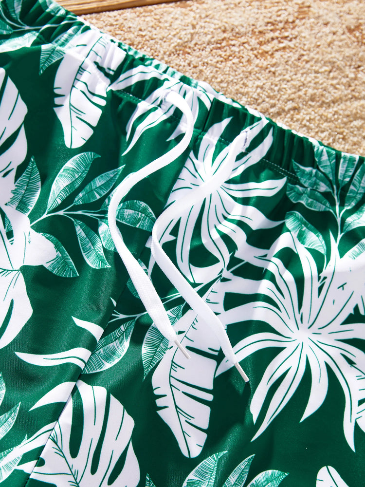 Family Matching Tropical Floral Swim Trunks and One-piece Swimsuit Dark Green