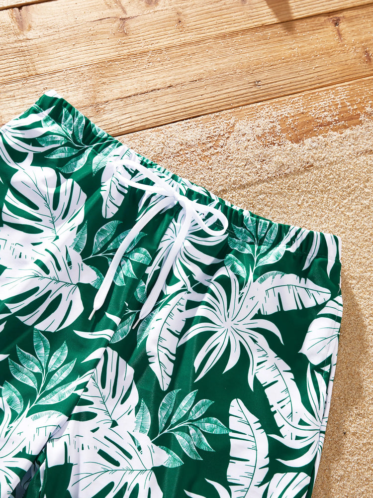 Family Matching Tropical Floral Swim Trunks and One-piece Swimsuit Dark Green