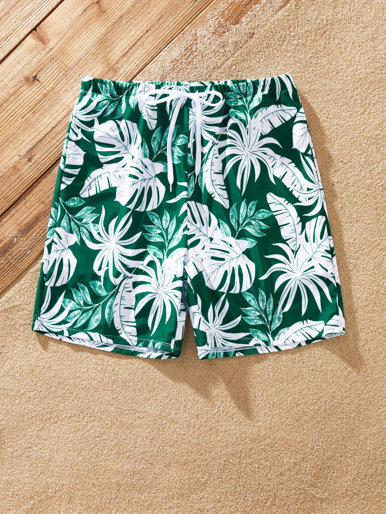 Family Matching Tropical Floral Swim Trunks and One-piece Swimsuit Dark Green