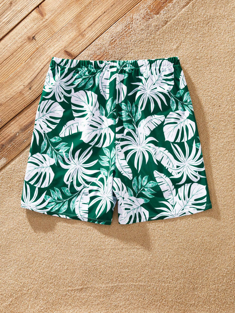 Family Matching Tropical Floral Swim Trunks and One-piece Swimsuit Dark Green