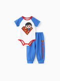 Justice League Baby Boy 2pcs Cotton Batman/Superman Print Colorblock Romper and Pants Set Blue