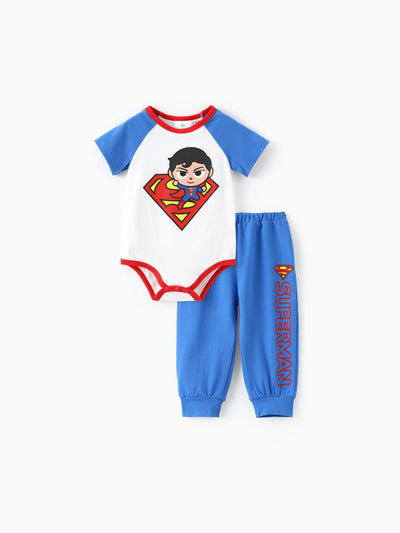Ensemble 2 pièces barboteuse et pantalon en coton imprimé Batman/Superman pour bébé garçon, bleu