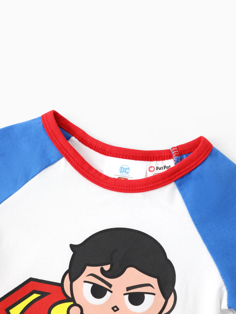 Justice League Baby Boy 2pcs Cotton Batman/Superman Print Colorblock Romper and Pants Set Blue