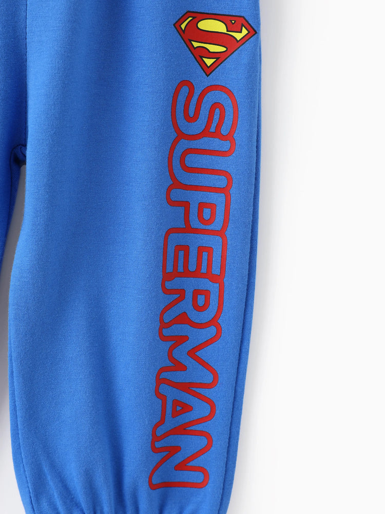 Justice League Baby Boy 2pcs Cotton Batman/Superman Print Colorblock Romper and Pants Set Blue