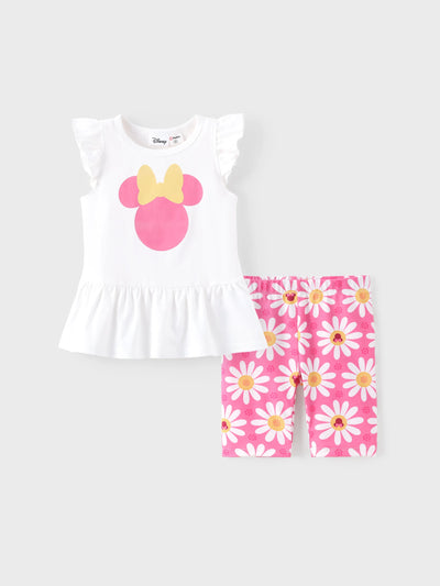 Ensemble 2 pièces Disney Mickey et ses amis pour petite fille, haut à manches volantées Minnie Mouse et pantalon Naia™ à imprimé floral/léopard, blanc