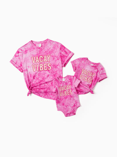 Family Matching Short-sleeve Cotton Top Hot Pink Tie-dye Letter Print Tee for Mommy and Me Pink