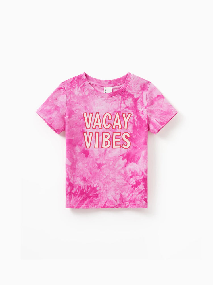 Family Matching Short-sleeve Cotton Top Hot Pink Tie-dye Letter Print Tee for Mommy and Me Pink