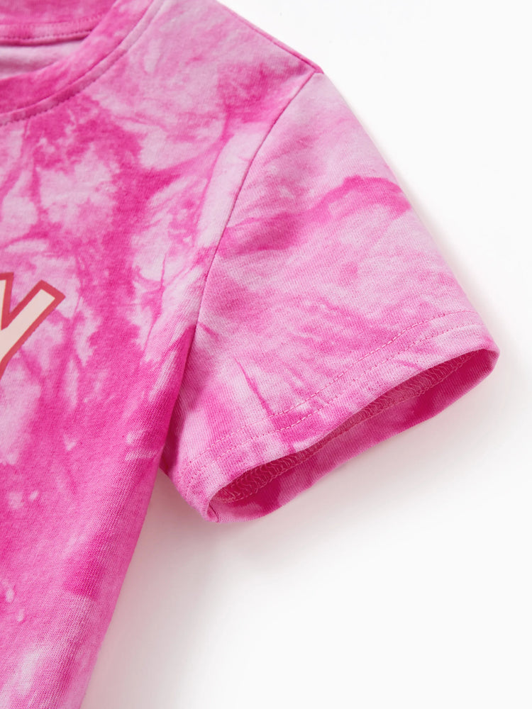 Family Matching Short-sleeve Cotton Top Hot Pink Tie-dye Letter Print Tee for Mommy and Me Pink