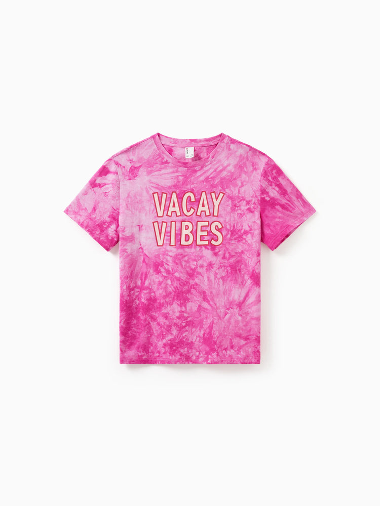 Family Matching Short-sleeve Cotton Top Hot Pink Tie-dye Letter Print Tee for Mommy and Me Pink