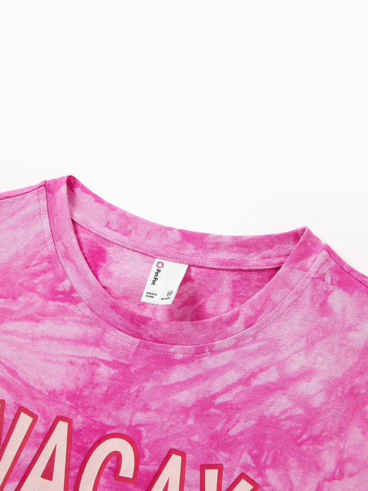 Family Matching Short-sleeve Cotton Top Hot Pink Tie-dye Letter Print Tee for Mommy and Me Pink