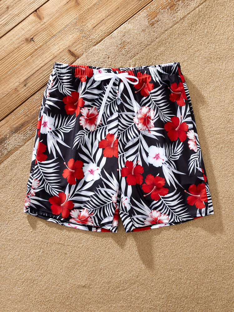 Family Matching Tropical Floral Swim Trunk or 2 Pieces Halter Swimsuit Black