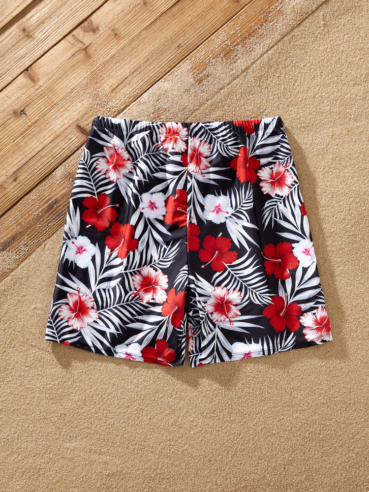 Family Matching Tropical Floral Swim Trunk or 2 Pieces Halter Swimsuit Black