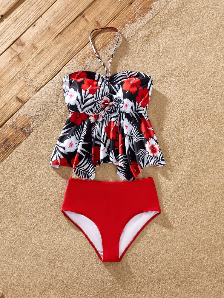 Mommy & me Tropical Floral 2 Pieces Halter Swimsuit Black