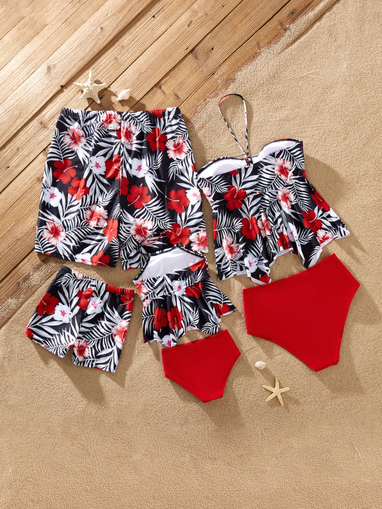 Family Matching Tropical Floral Swim Trunk or 2 Pieces Halter Swimsuit Black