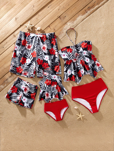 Family Matching Tropical Floral Swim Trunk or 2 Pieces Halter Swimsuit Black