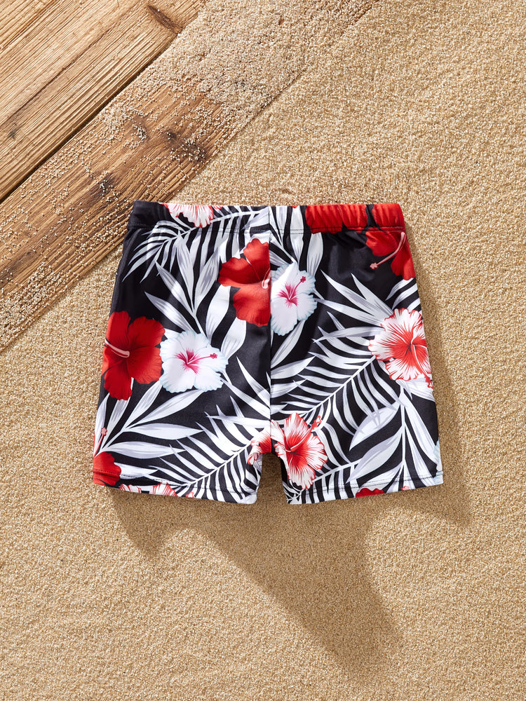 Family Matching Tropical Floral Swim Trunk or 2 Pieces Halter Swimsuit Black