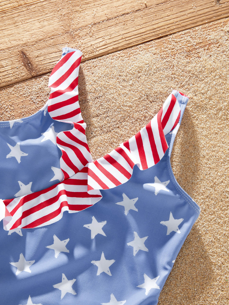 Toddler Girl Independence Day 4th of July Patriotic Swimwear Stars Stripes Ruffled Layers V-neck One-Piece Swimsuits Blue
