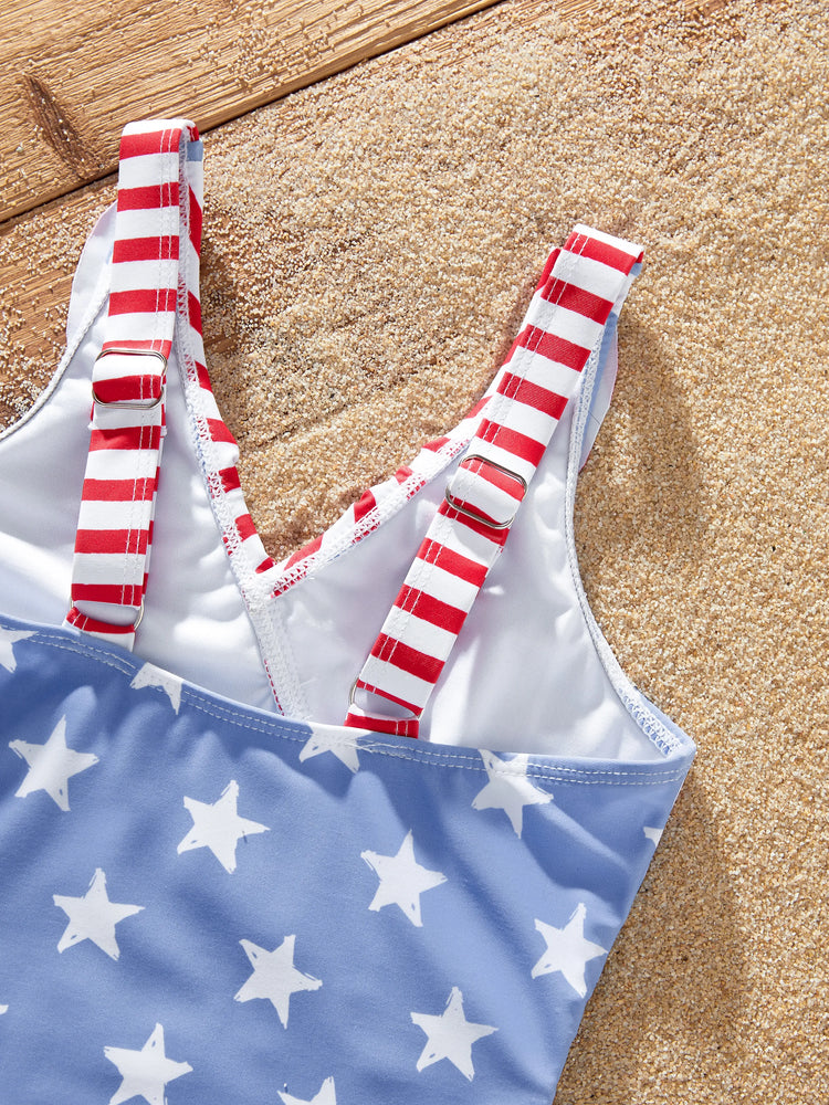 Toddler Girl Independence Day 4th of July Patriotic Swimwear Stars Stripes Ruffled Layers V-neck One-Piece Swimsuits Blue