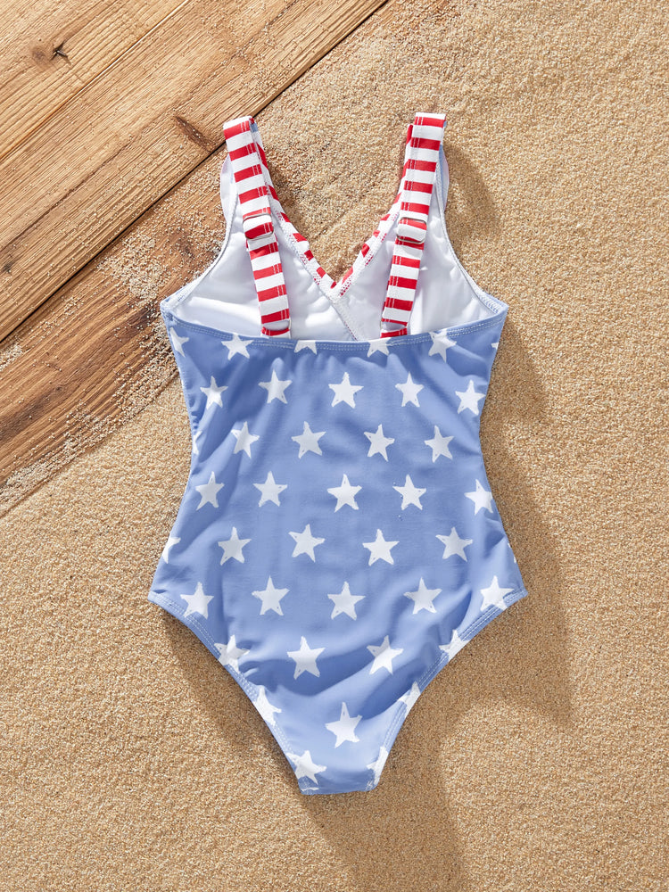 Toddler Girl Independence Day 4th of July Patriotic Swimwear Stars Stripes Ruffled Layers V-neck One-Piece Swimsuits Blue