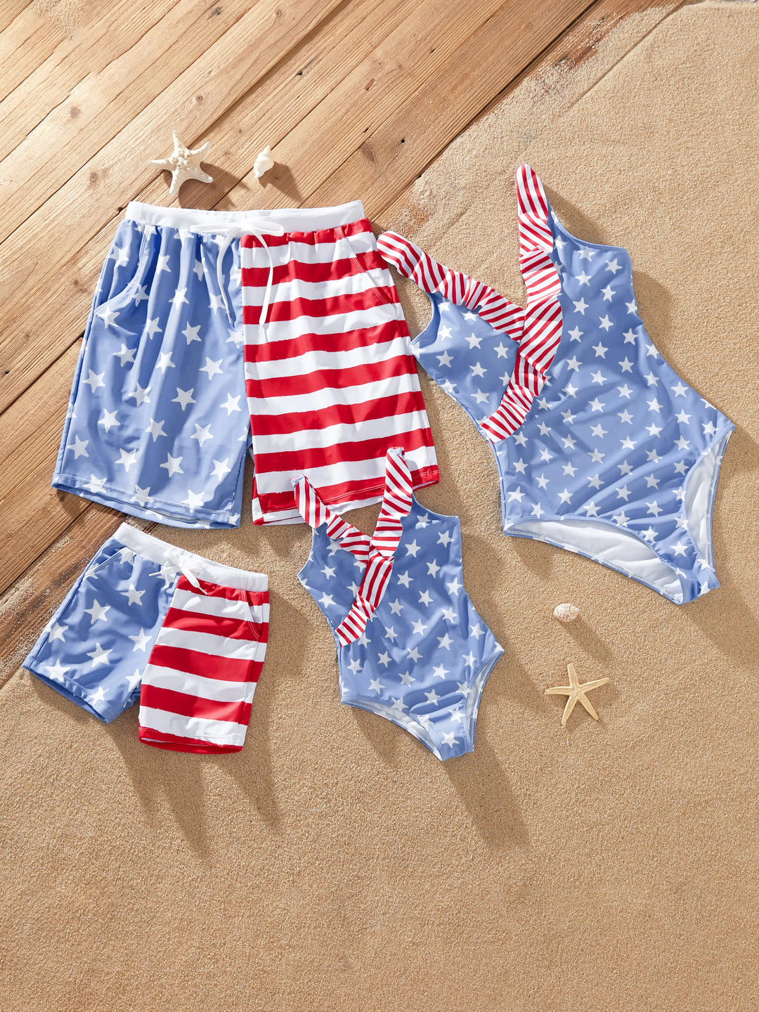 Unabhängigkeitstag 4. Juli Familie Passende patriotische Bademode Stars and Stripes Boardshorts oder gerüschte Schichten Badeanzüge mit V-Ausschnitt Einteilige Badeanzüge blau