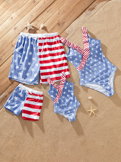 Toddler Girl Independence Day 4th of July Patriotic Swimwear Stars Stripes Ruffled Layers V-neck One-Piece Swimsuits Blue