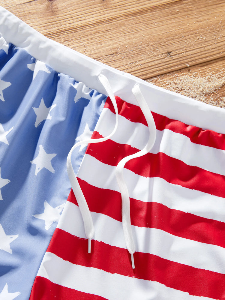 Maillots de bain assortis pour la famille, fête de l'indépendance, 4 juillet, motif patriotique, étoiles et rayures, short de bain ou couches à volants, maillots de bain une pièce à col en V, bleu