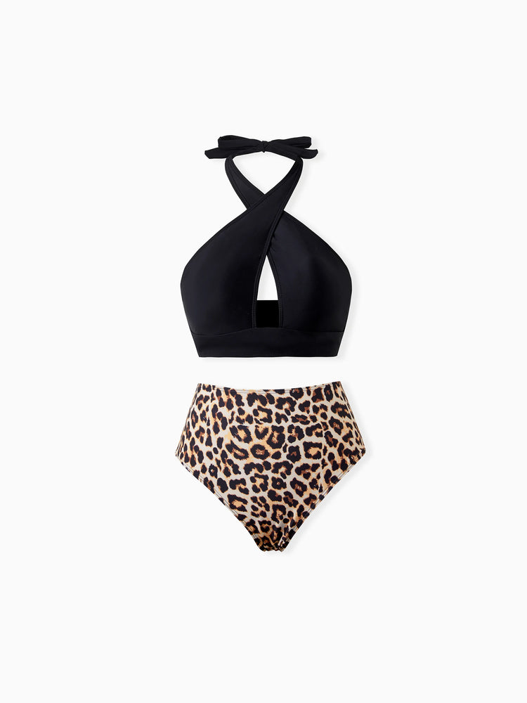 Family Matching Leopard Print Swim Trunks or Halter two-piece Swimsuit for Couple Black