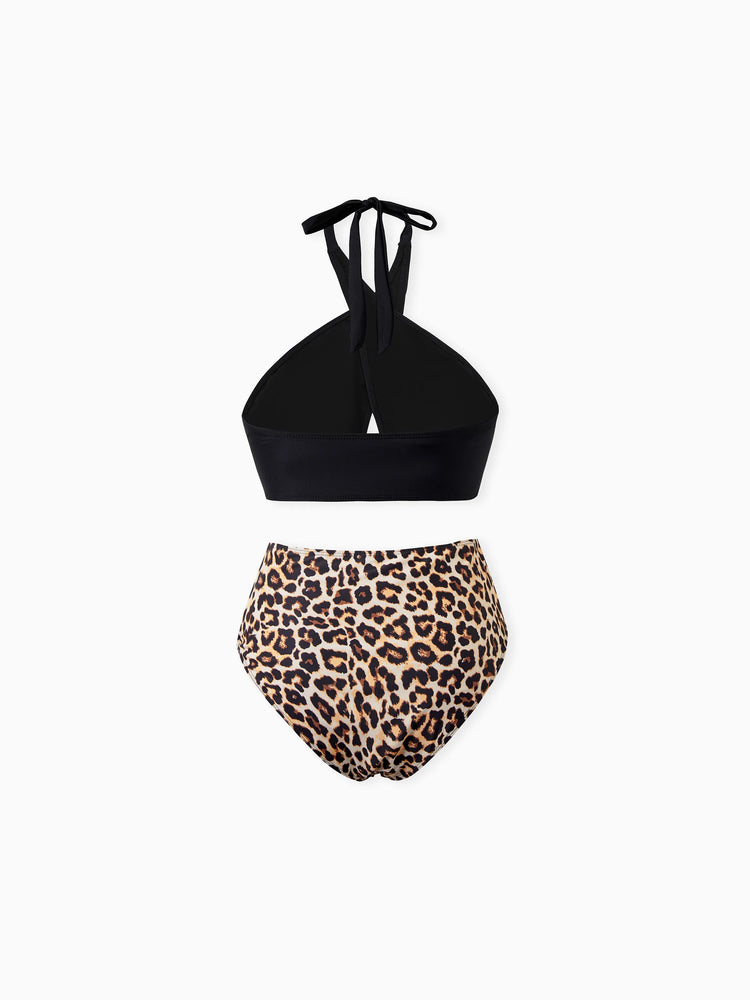 Family Matching Leopard Print Swim Trunks or Halter two-piece Swimsuit for Couple Black