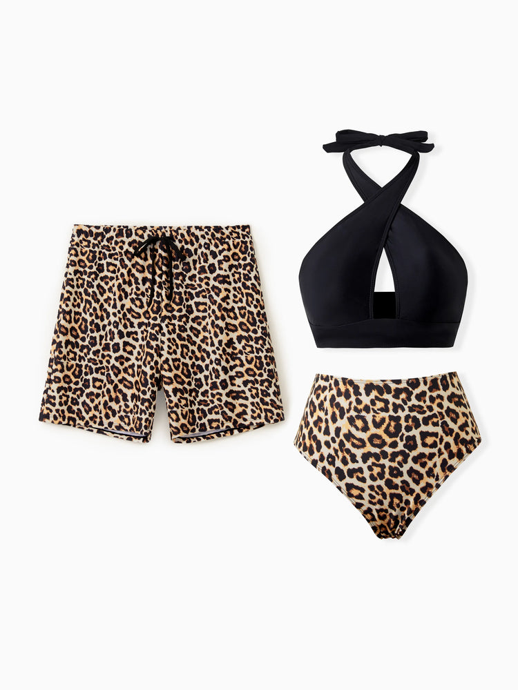 Family Matching Leopard Print Swim Trunks or Halter two-piece Swimsuit for Couple Black