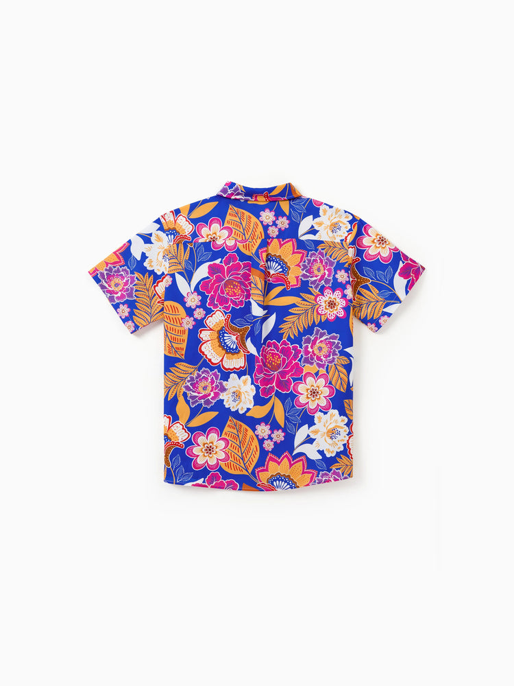 Daddy & Son Hawaiian Outfits Tropical Floral Print Vacation Clothes Short-sleeve Shirts Summer Beachwear Set Navy