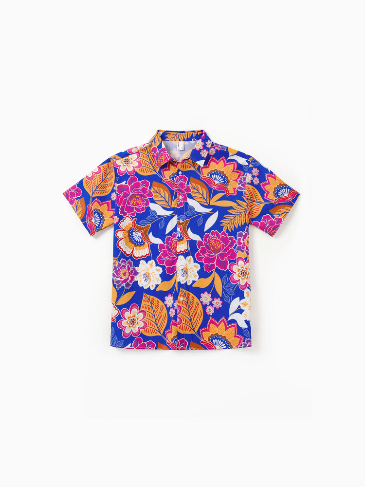 Daddy & Son Hawaiian Outfits Tropical Floral Print Vacation Clothes Short-sleeve Shirts Summer Beachwear Set Navy
