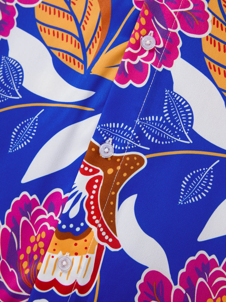 Tenues hawaïennes assorties pour la famille, vêtements de vacances à imprimé floral tropical, robe ceinturée à bretelles ou chemises à manches courtes, ensemble de vêtements de plage d'été bleu marine