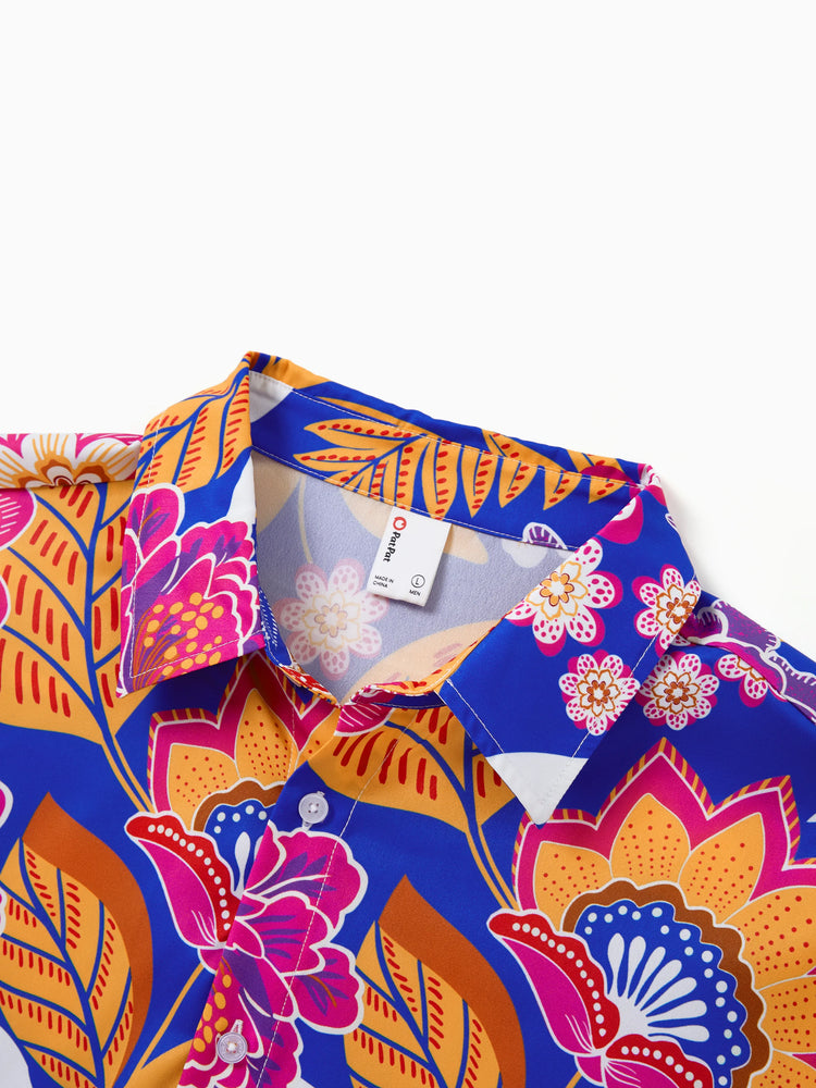 Daddy & Son Hawaiian Outfits Tropical Floral Print Vacation Clothes Short-sleeve Shirts Summer Beachwear Set Navy
