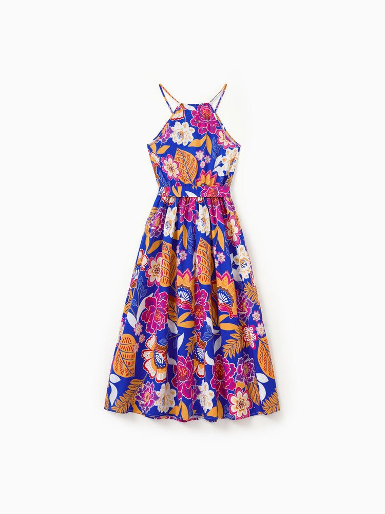 Mommy & me Hawaiian Outfits Tropical Floral Print Vacation Clothes Strap Belted Dress Navy
