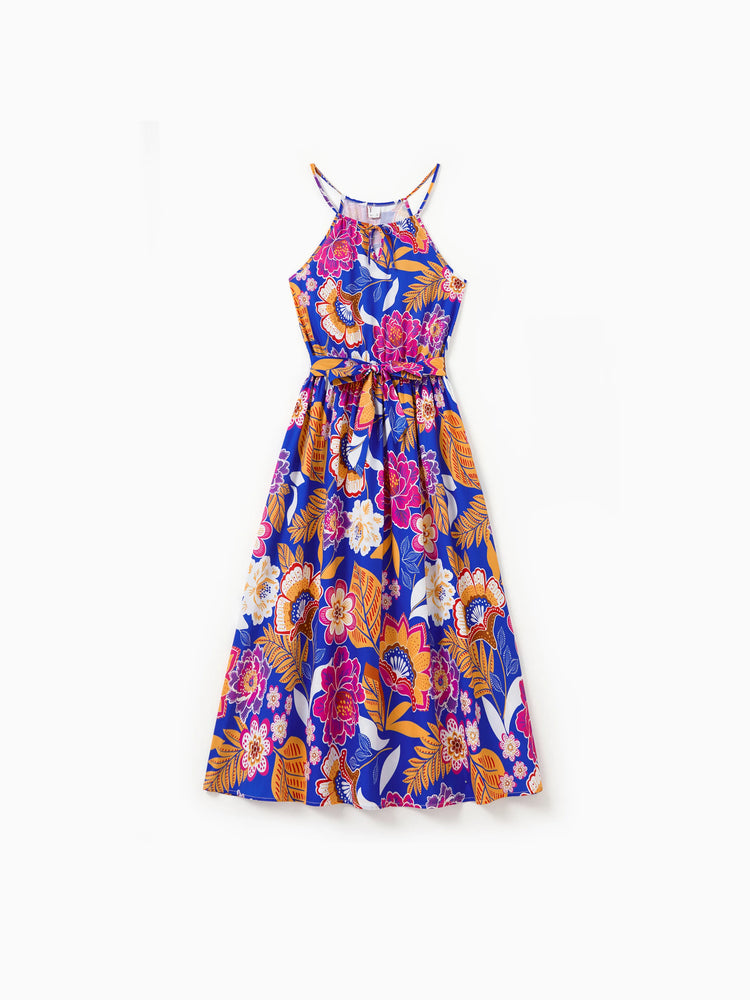 Mommy & me Hawaiian Outfits Tropical Floral Print Vacation Clothes Strap Belted Dress Navy