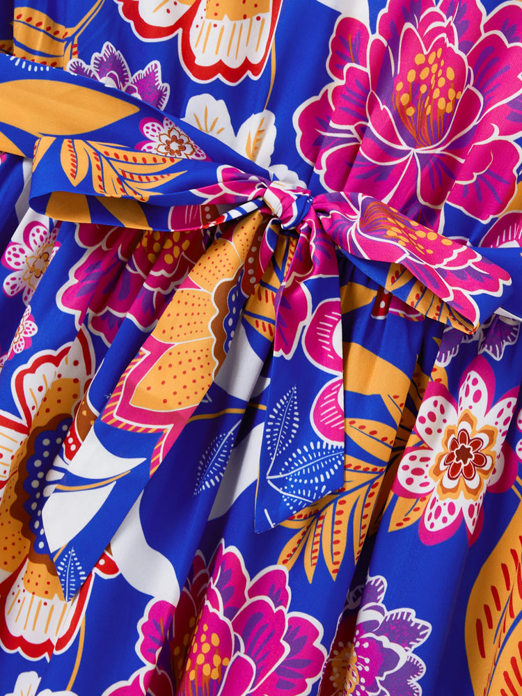 Mommy & me Hawaiian Outfits Tropical Floral Print Vacation Clothes Strap Belted Dress Navy
