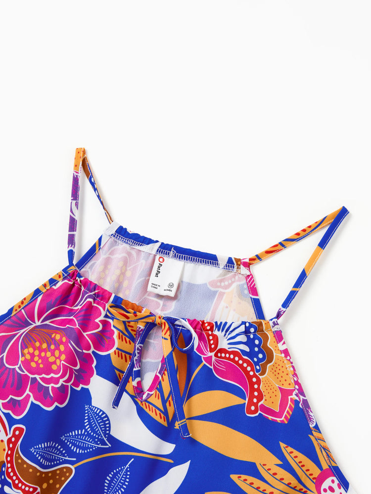 Mommy & me Hawaiian Outfits Tropical Floral Print Vacation Clothes Strap Belted Dress Navy