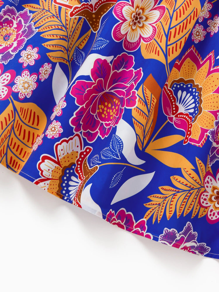 Mommy & me Hawaiian Outfits Tropical Floral Print Vacation Clothes Strap Belted Dress Navy