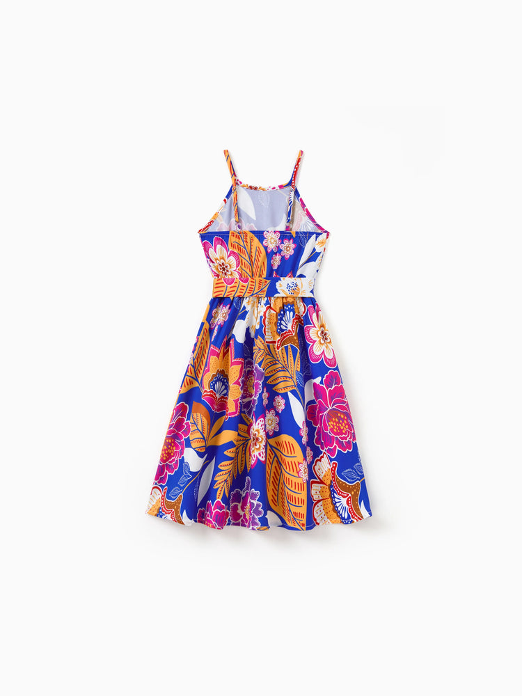 Mommy & me Hawaiian Outfits Tropical Floral Print Vacation Clothes Strap Belted Dress Navy