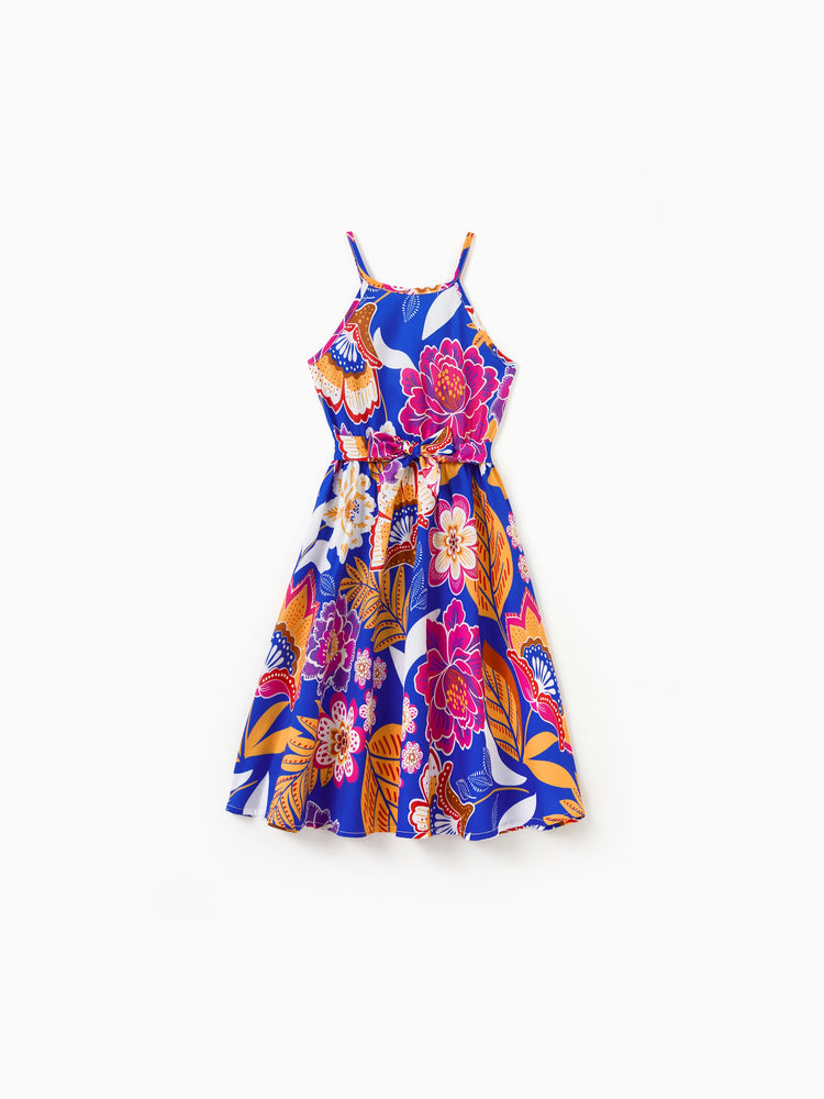 Mommy & me Hawaiian Outfits Tropical Floral Print Vacation Clothes Strap Belted Dress Navy