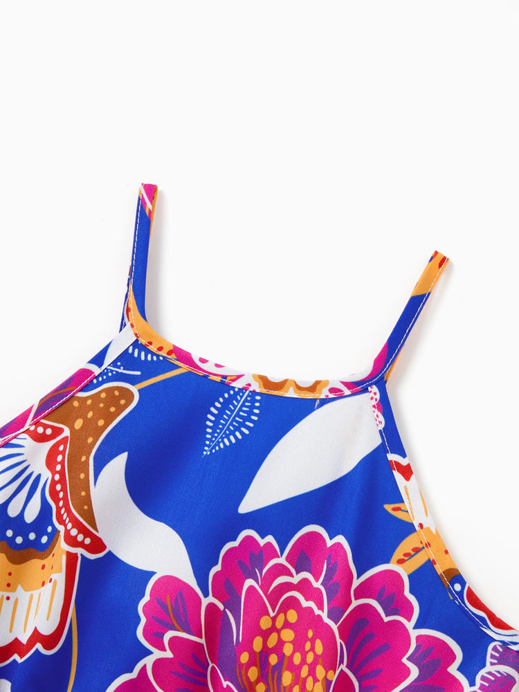 Toddler/Kid Girl Hawaiian Outfits Tropical Floral Print Vacation Clothes Strap Belted Dress Summer Beachwear Set Navy