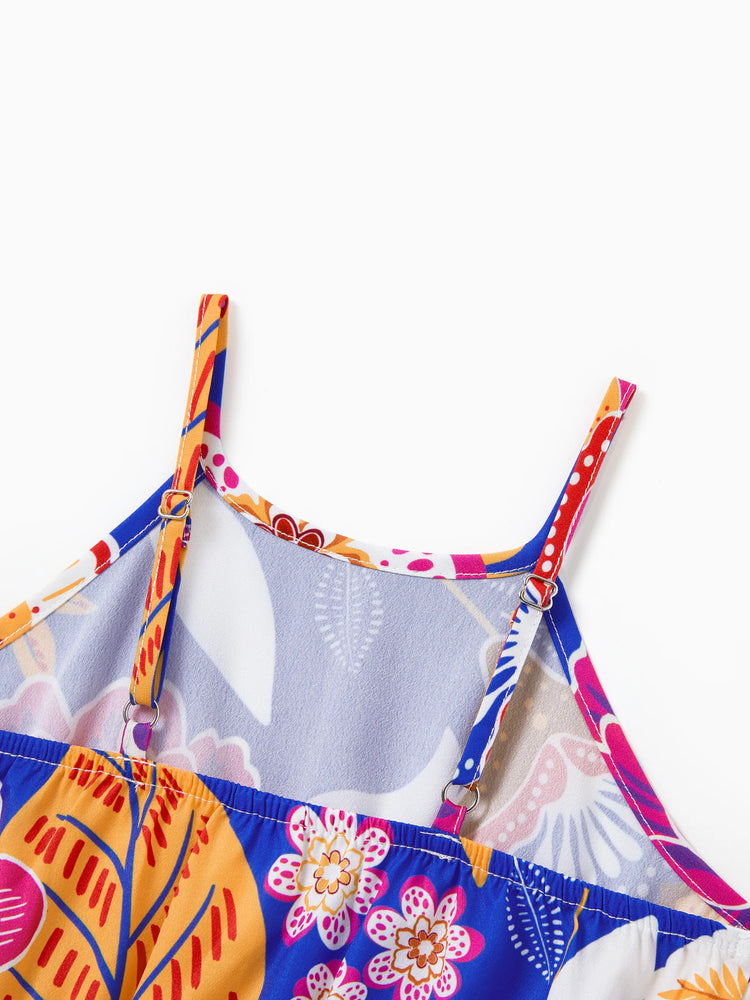 Toddler/Kid Girl Hawaiian Outfits Tropical Floral Print Vacation Clothes Strap Belted Dress Summer Beachwear Set Navy